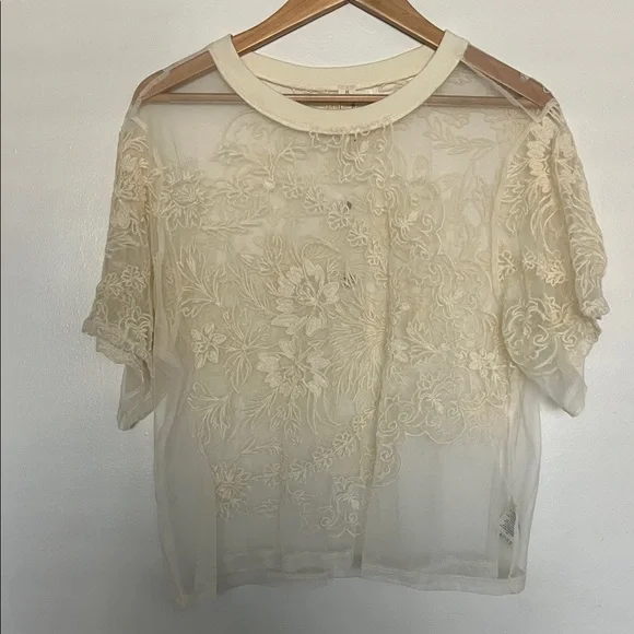 Anthropologie Embroidered Sheer Cream Lace Top - Picture 3 of 6
